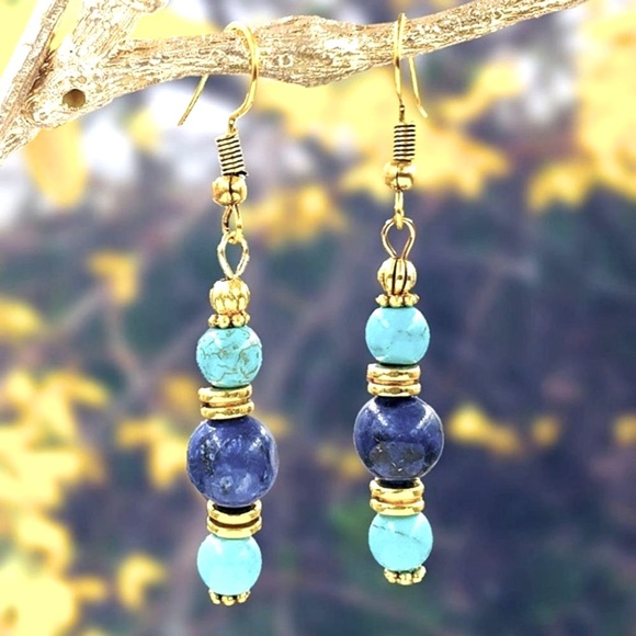 New Gorgeous 14k Gold Plated 925 Silver Lapis Lazuli Drop Earrings